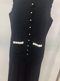 Spring Summer New Fashion Black Floral Pearls Splices Knit Midi Dress Women Elegant O-Neck Slim A-Line Skirt Robe Ladies 2025