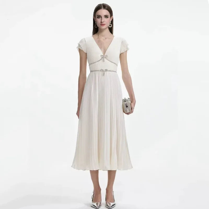 Elegant French Style Dress with Butterfly Knot Waist Cinching Pleated Skirt Cocktail Dress Short Sleeve V Neck Ankle Length