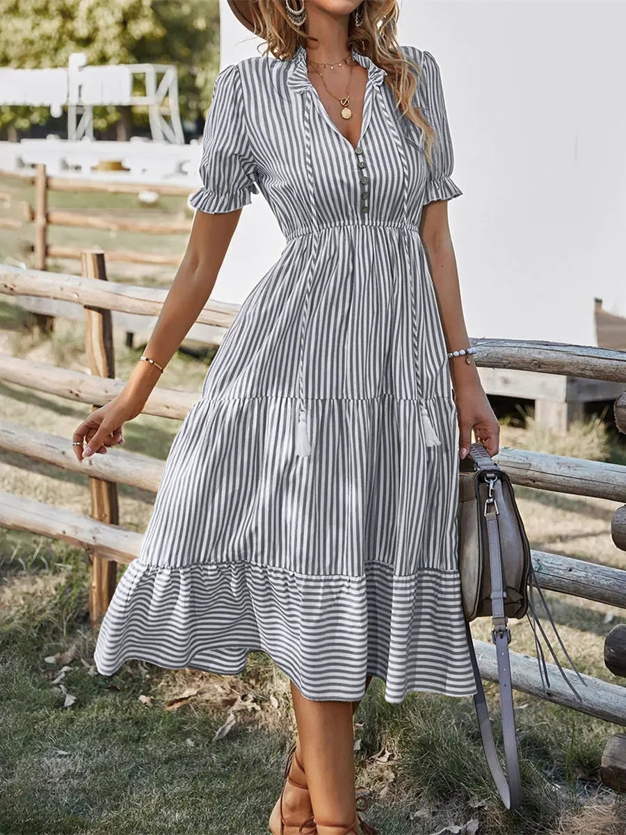 Women's Causal Striped Tassel Medium Long Dress V Neck Button Short Sleeve Spring Summer Dress