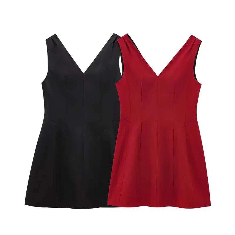 TRAFZA Summer Women V-Neck Sleeveless Backless Decorate Zipper Mini Dress Fashion Woman Sexy Dresses Street Style Party Dress
