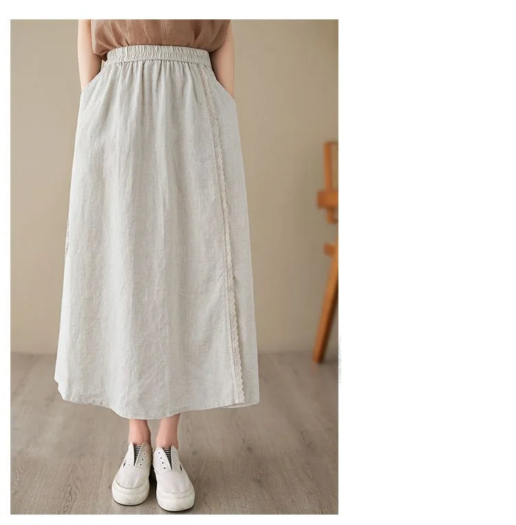 High Waist Casual Embroidery Skirts Women New Arrival 2024 Summer Vintage Style Solid Cotton Linen Female A-line Long Skirt