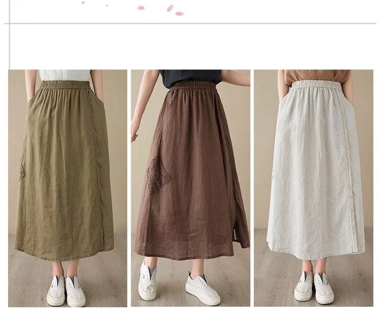 High Waist Casual Embroidery Skirts Women New Arrival 2024 Summer Vintage Style Solid Cotton Linen Female A-line Long Skirt