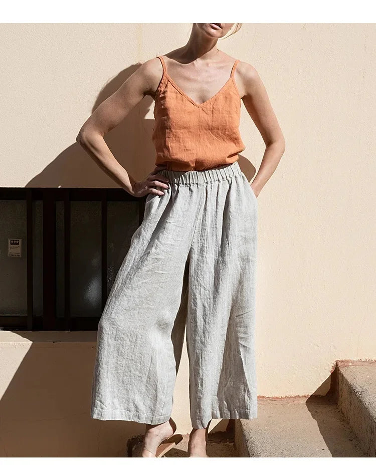 Pure Color Cotton Linen Sleeveless V-Neck Women's Tank Top Loose Fit Simple Style Outerwear Casual Comfortable Vest