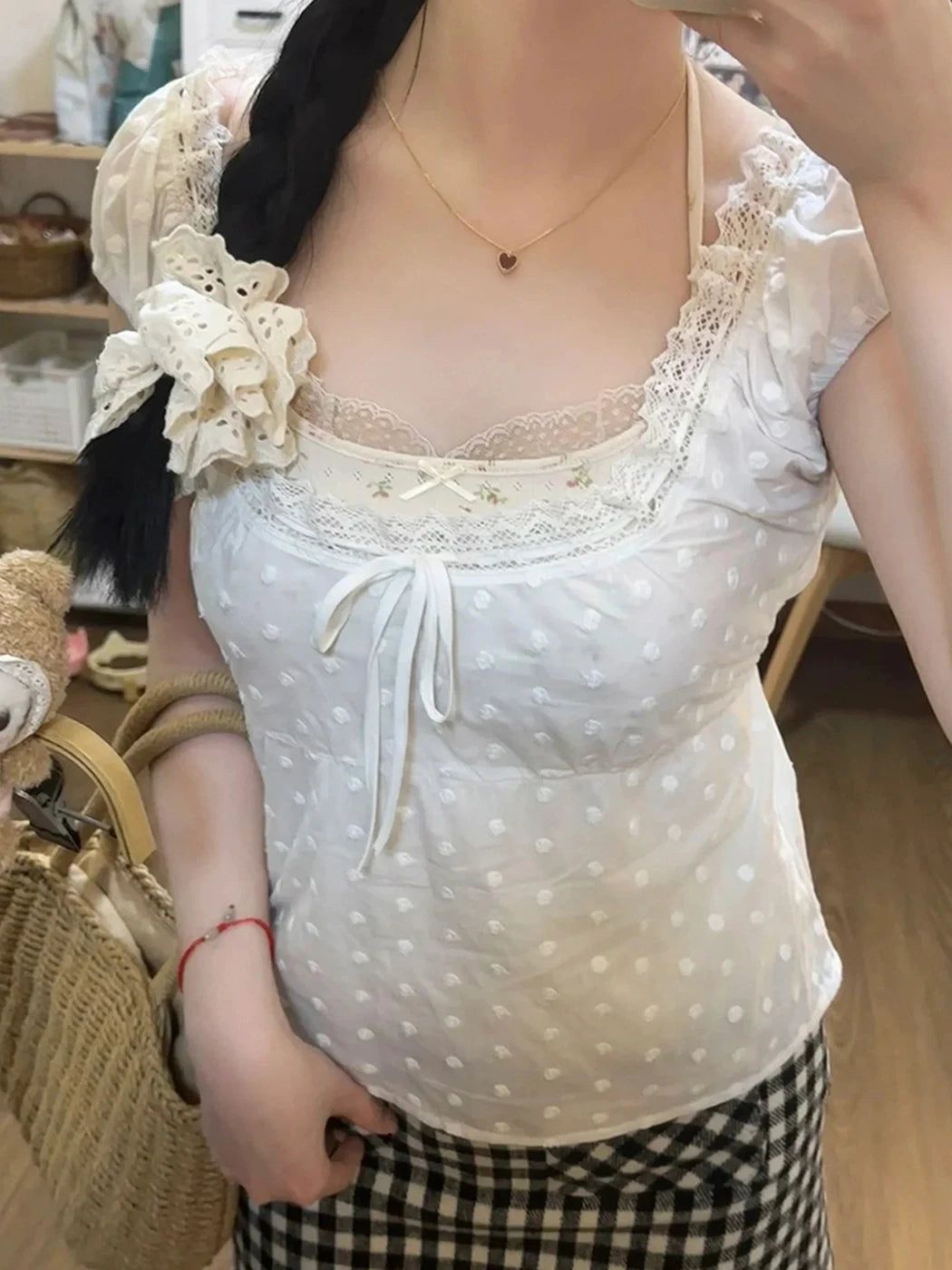 2024 New White Lace Tied Square Neck Summer T-shirts Chic Elegant Short Sleeve Tee Cotton Y2K Street Casual Bow Tie-up Top Women