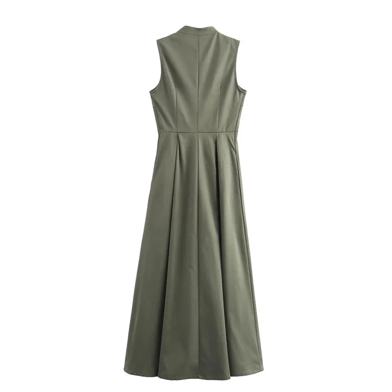 TRAF Zipper Long Dress Woman Pleated Sleeveless Bodycon Dress Summer Elegant Party Dresses For Women 2024 New Midi Dresses