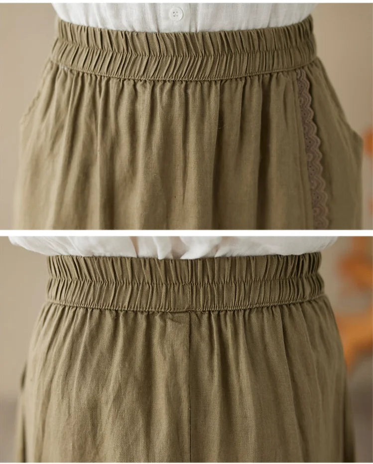High Waist Casual Embroidery Skirts Women New Arrival 2024 Summer Vintage Style Solid Cotton Linen Female A-line Long Skirt