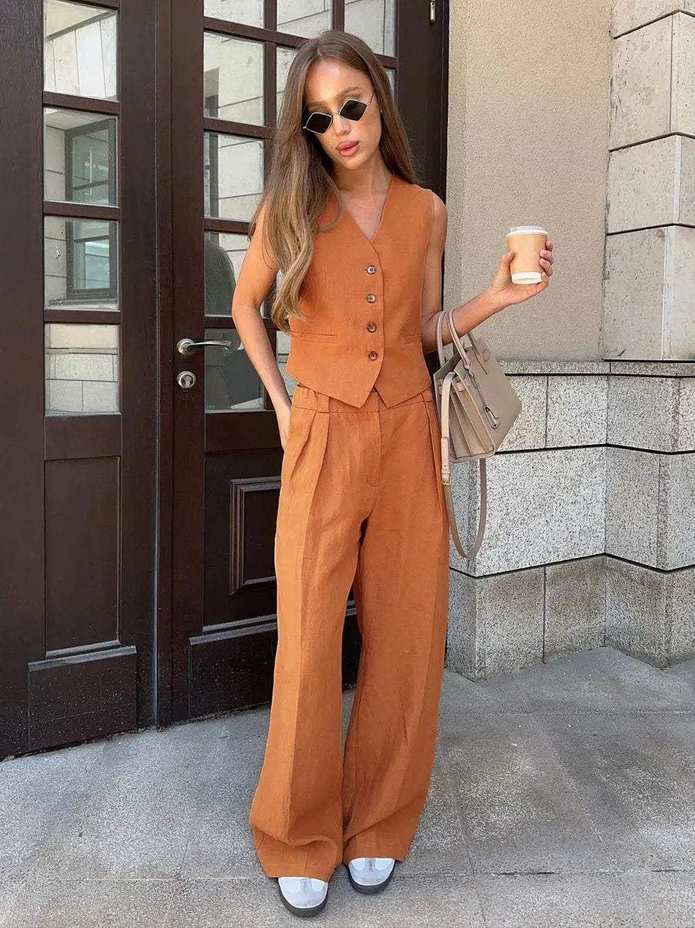 Cotton Linen Blend Vest Wide Leg Pants Suit Spring and Summer Women's Casual Fashion Sleeveless Vest Pleated Low Waist Pants Set