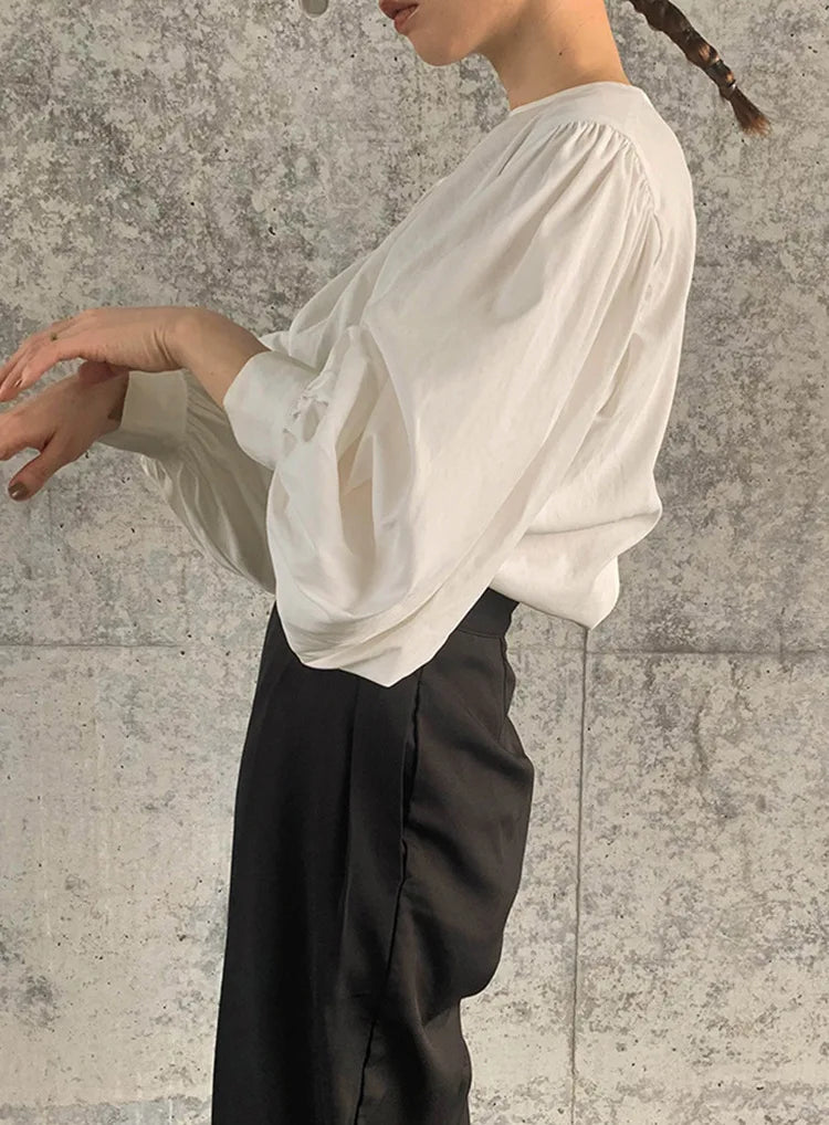 Japan Style Office Lady Elegant Vintage Blouse Women O-neck Loose Lantern Sleeve Shirts Solid All-amtch Blusas Autumn Ladies Top