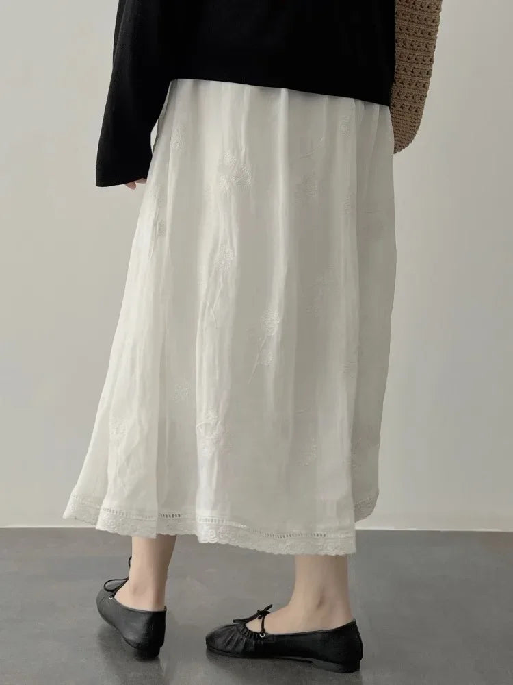 French Style A- Line Cotton Linhing Skirt Women's Summer High Waist Slimming Loose Midi Skirt Tea Break Fashion plus Size