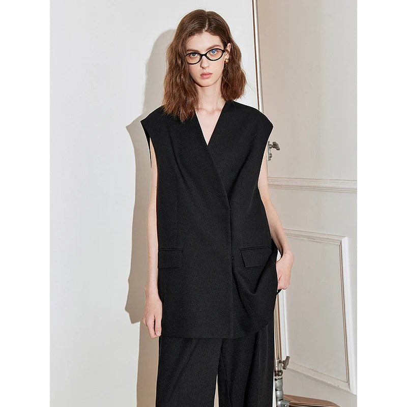 TOYOUTH Women Blazer 2025 Spring New Old Money Style Back Split Mid Length Sleeveless Elegant OL Workwear Jacket