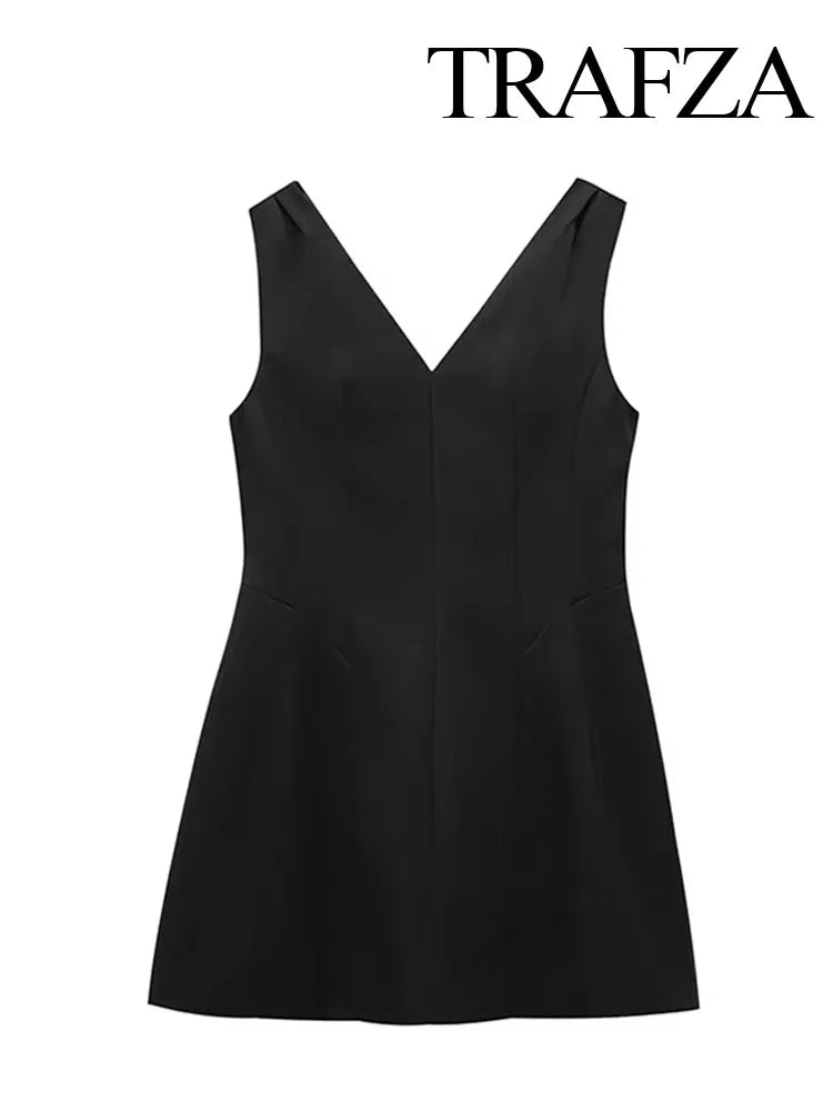 TRAFZA Summer Women V-Neck Sleeveless Backless Decorate Zipper Mini Dress Fashion Woman Sexy Dresses Street Style Party Dress