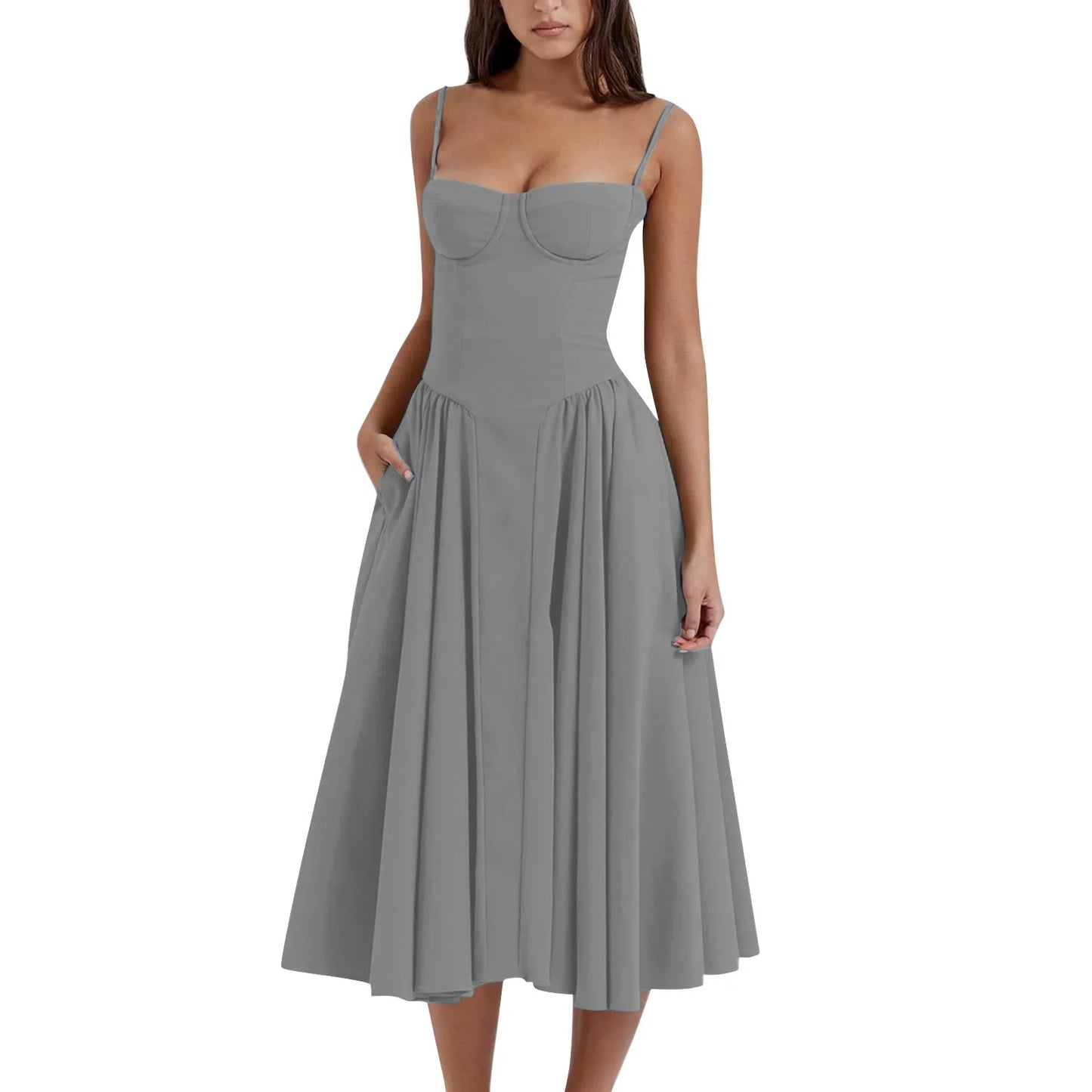 Women's French Style Long Dress with Solid/Floral/Checkered Multi Color Options Knee-Length Dress 2025 New Arrival