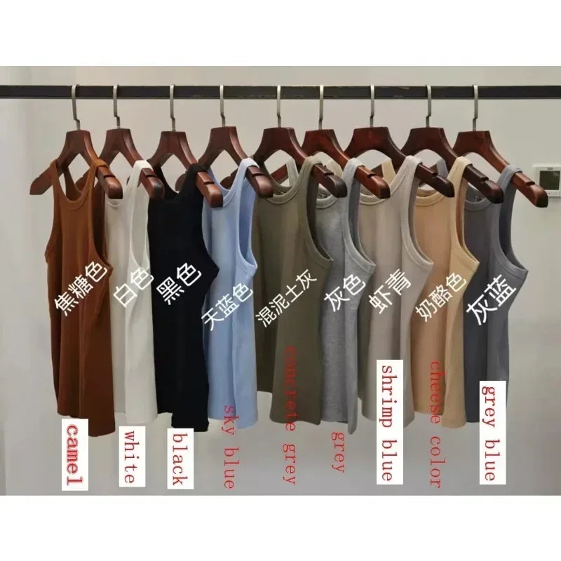 (High Quality)2025 Women Tops Racer Vest Women Solid Color All-match Elastic Cotton Espera Base Vest LUXURY Nordic Style Casual