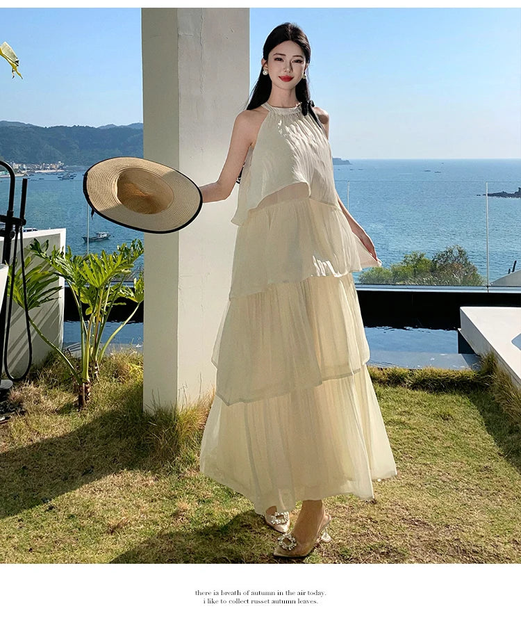 Vintage Women Beige Elegant Off Shoulder Evening Party Dress Summer Sleeveless Vacation Pleated Halter Cake Long Sundress Simple