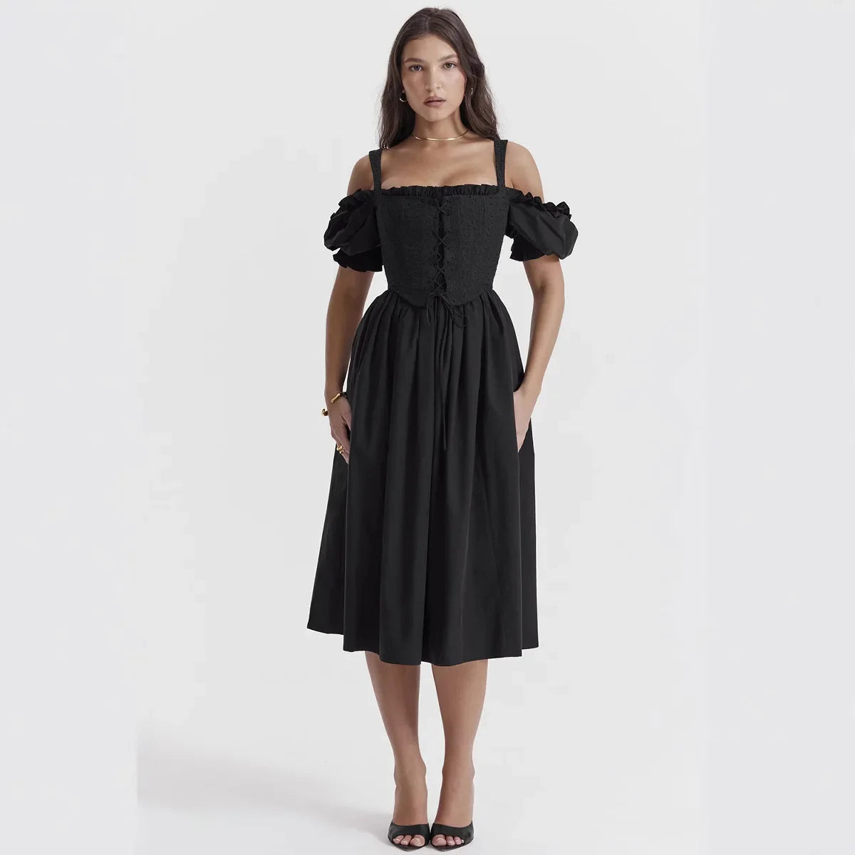Classic Black One-Shoulder Short-Sleeve Women's Dress Elegant Waist-Cinched Midi Skirt Fashionable Ankle-length Gown