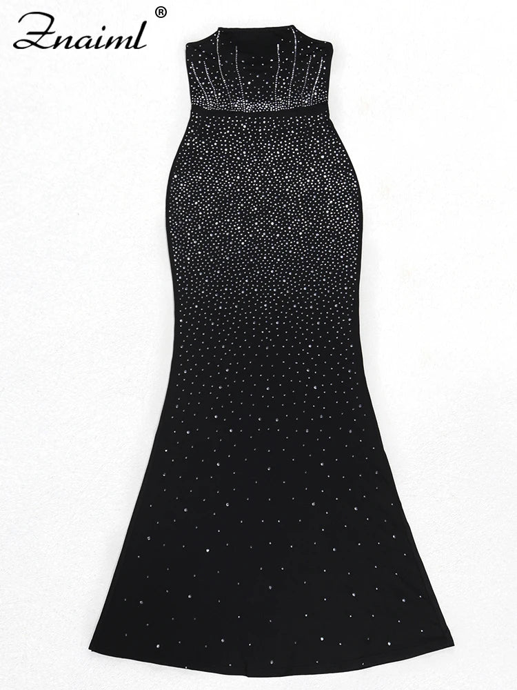 Znaiml Black Off Shoulder Sleeveless Luxury Rhinestones Bodycon Back Split Dresses Womens Clothing Slim Birthday Evening Vestido