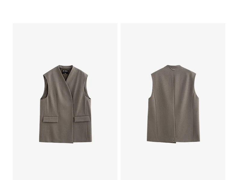 TOYOUTH Women Blazer 2025 Spring New Old Money Style Back Split Mid Length Sleeveless Elegant OL Workwear Jacket