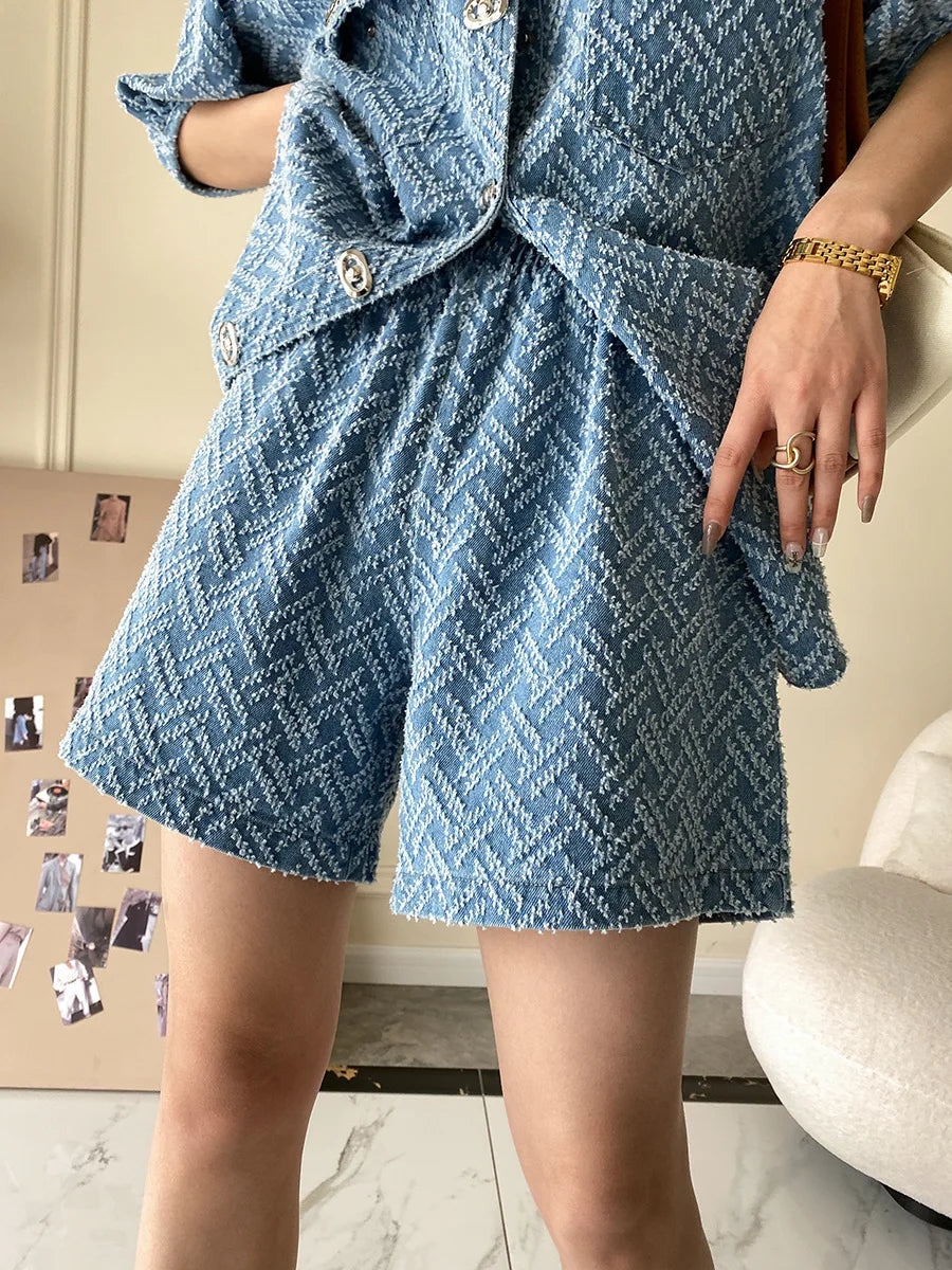 Women's Denim Short Sleeve Top and Shorts Two Piece Suit French Fashion Spring Summer Cowgirl Top Streetwear Korean Leisure New