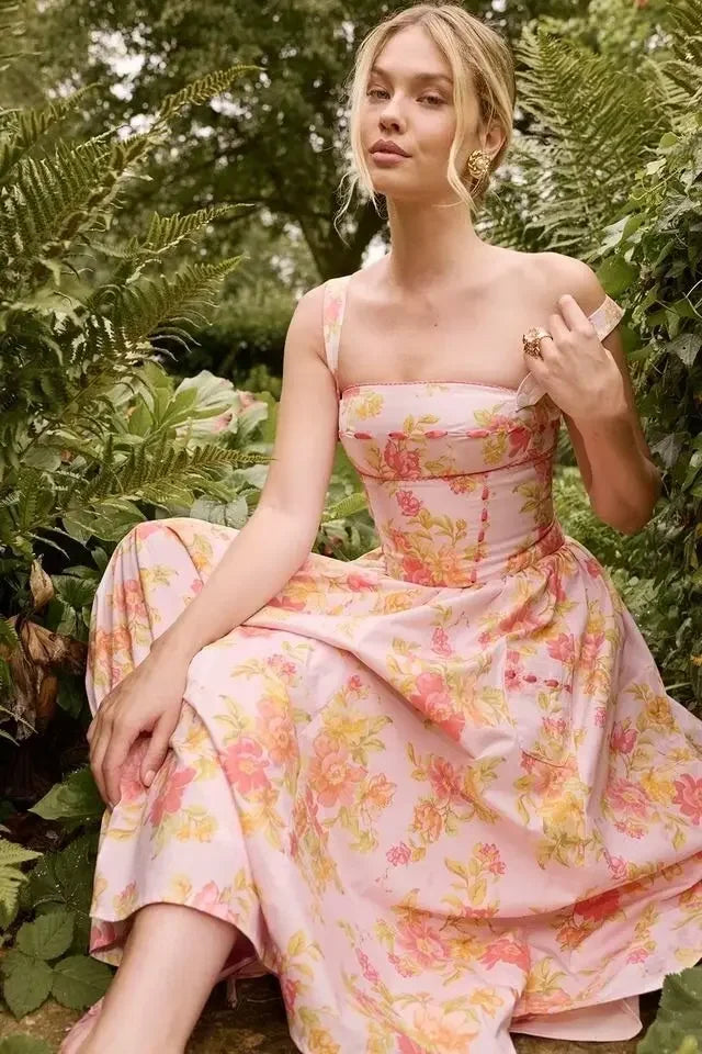 SAW Independent Station Pure Desire Square Collar Dress with Pocket Pink Print Ribbon Corduroy Sleeveless Women's Dress