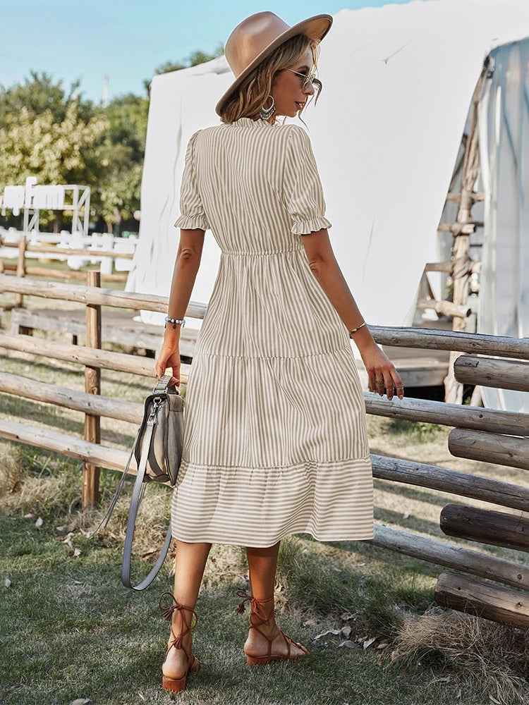 Women's Causal Striped Tassel Medium Long Dress V Neck Button Short Sleeve Spring Summer Dress