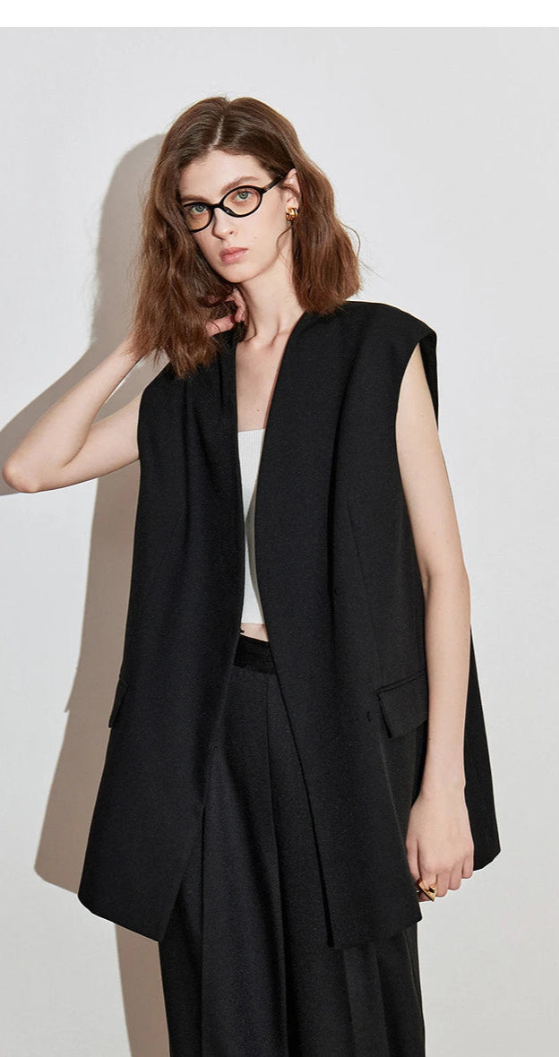 TOYOUTH Women Blazer 2025 Spring New Old Money Style Back Split Mid Length Sleeveless Elegant OL Workwear Jacket