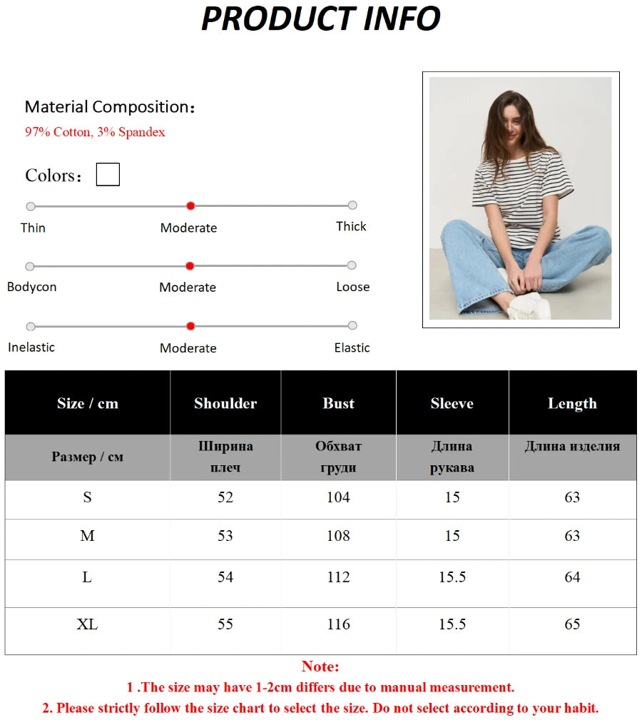 Wolfeel Summer Short Sleeve Striped T-Shirts Women Knitted Basic Casual Tops Female Cozy Loose Cotton Tees