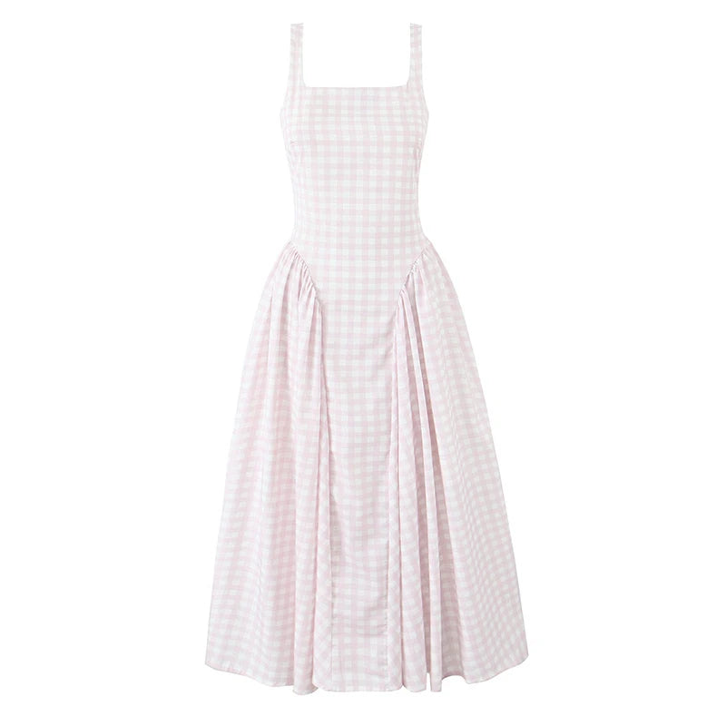 Sexy Sleeveless Elegant Plaid Dress Women Lace Up Back A-line Midi Summer Dresses Party Robe
