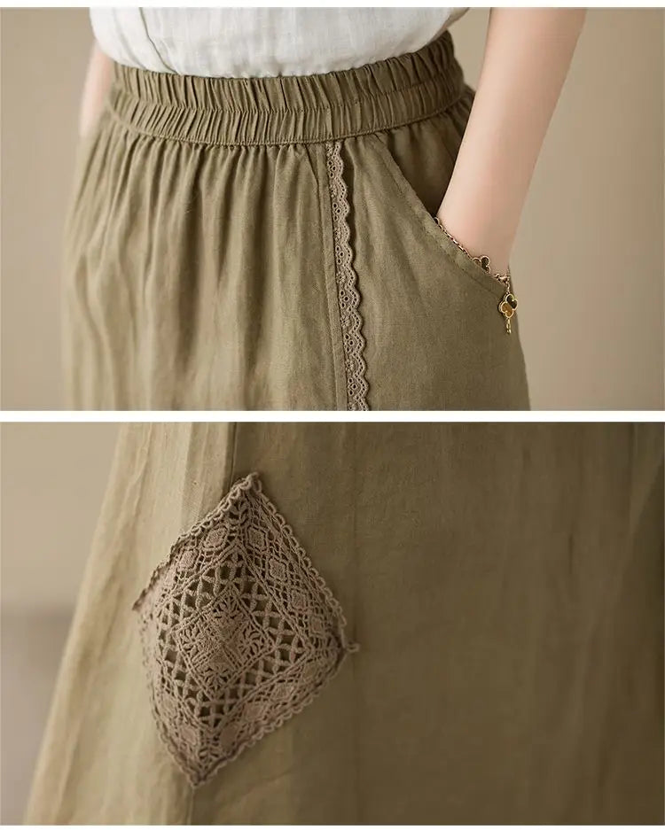 High Waist Casual Embroidery Skirts Women New Arrival 2024 Summer Vintage Style Solid Cotton Linen Female A-line Long Skirt