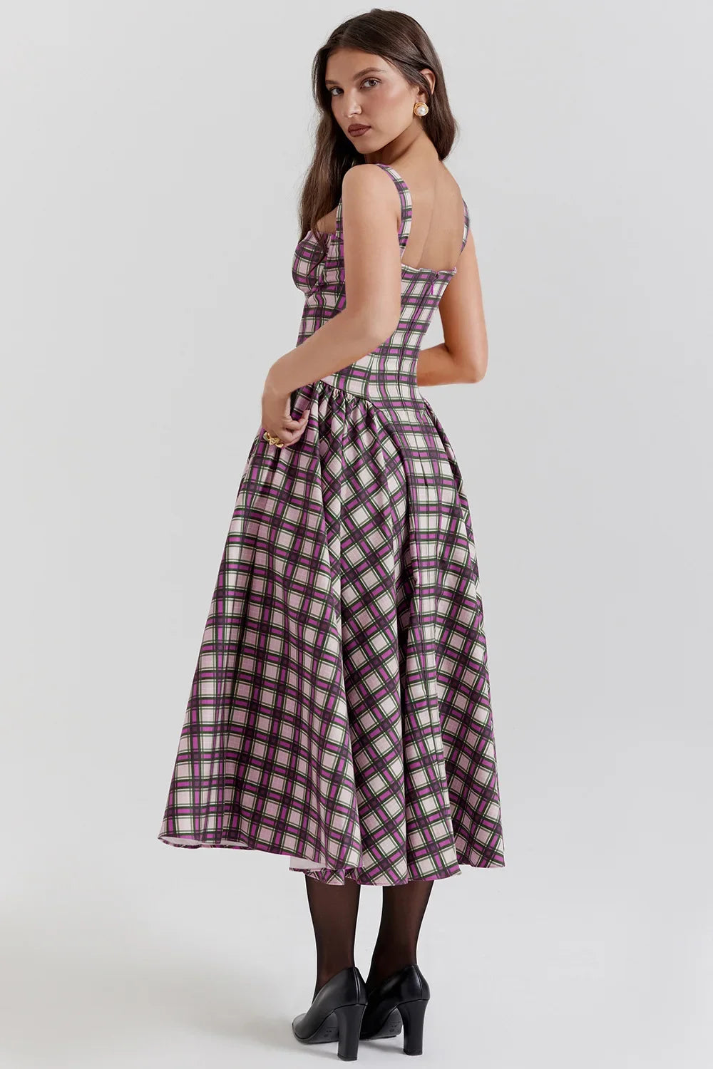 Women's French Style Long Dress with Solid/Floral/Checkered Multi Color Options Knee-Length Dress 2025 New Arrival