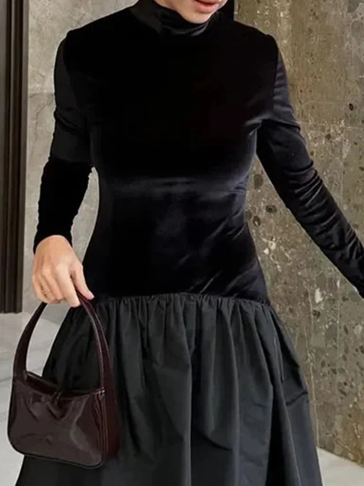 2025 New Lady Chic Party Gowns Elegant Women Velvet Long Sleeve Pleated Hem Robes Fashion Half High Collar Slim Fit Maxi Dress