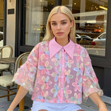 PB&ZA 2025 Women's Pink Short - length Blouse with Colorful Floral Embroidery Puff Sleeves and Collar for a Sweet Look