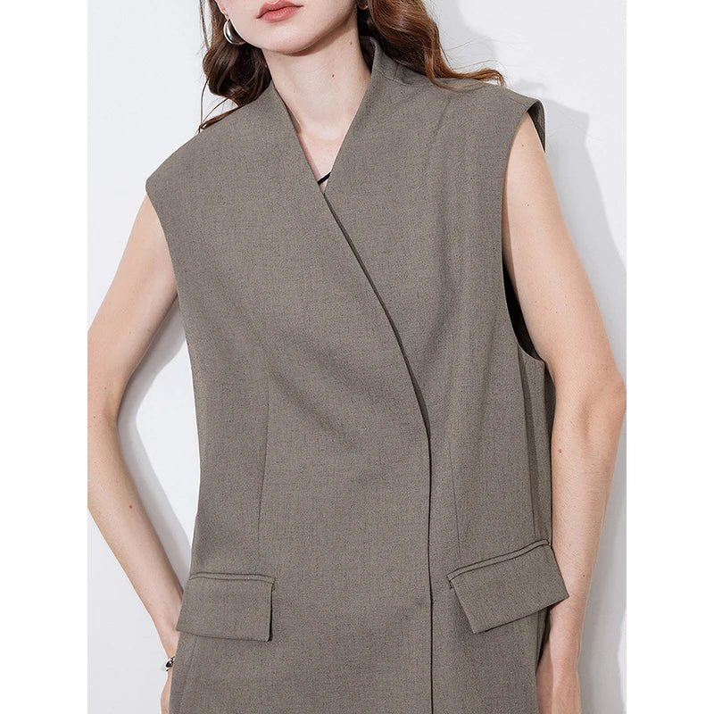 TOYOUTH Women Blazer 2025 Spring New Old Money Style Back Split Mid Length Sleeveless Elegant OL Workwear Jacket