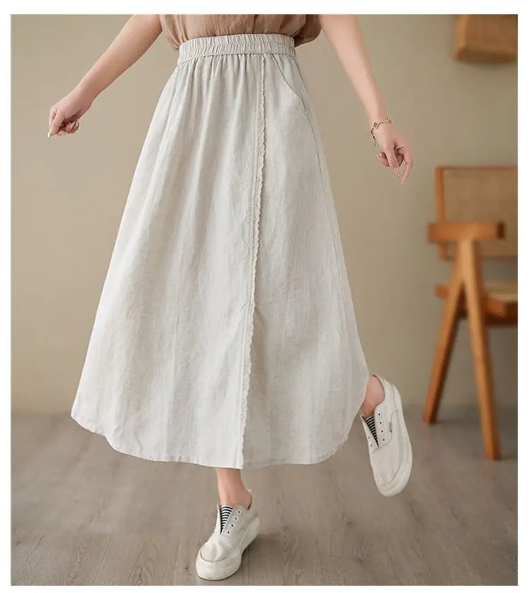 High Waist Casual Embroidery Skirts Women New Arrival 2024 Summer Vintage Style Solid Cotton Linen Female A-line Long Skirt