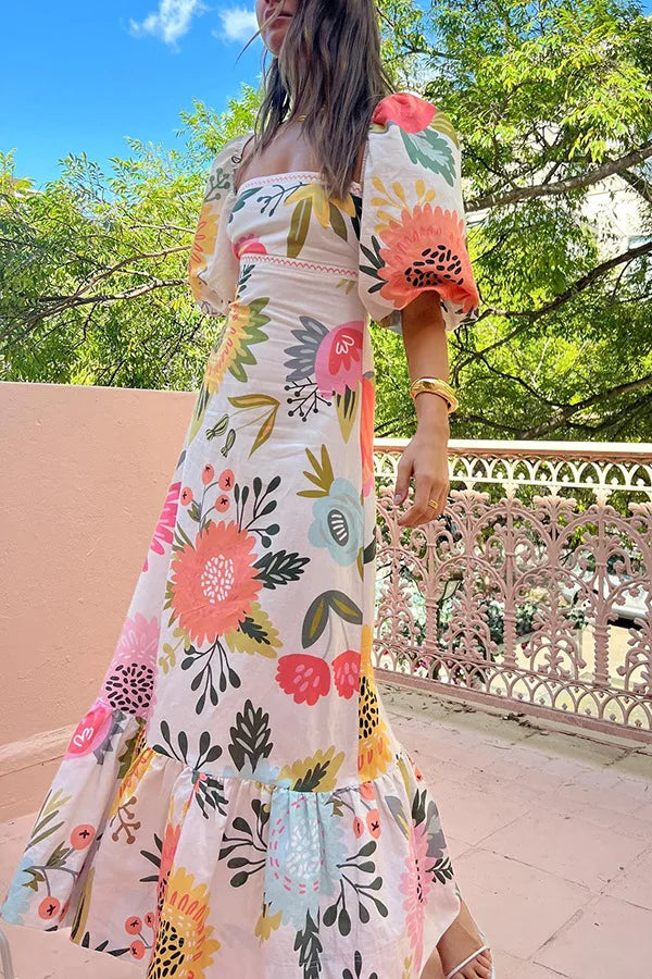 Fashion Square Collar Printed Long Dress Women Elegant Casual Short Puff Sleeved Dresses 2024 Summer Chic Female Vacation Robes