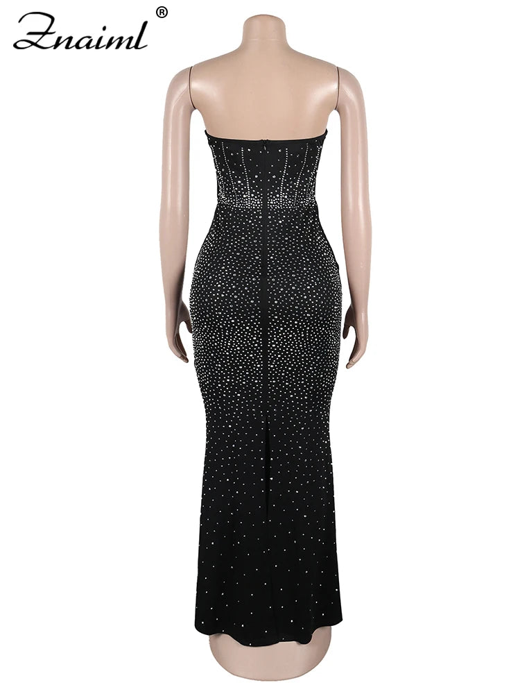 Znaiml Black Off Shoulder Sleeveless Luxury Rhinestones Bodycon Back Split Dresses Womens Clothing Slim Birthday Evening Vestido