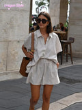 Women Casual Striped Cotton Linen Loose Shirt Shorts Suits Fashion Lapel Half Sleeves Elastic Waisted Shorts Summer Lady Outfits