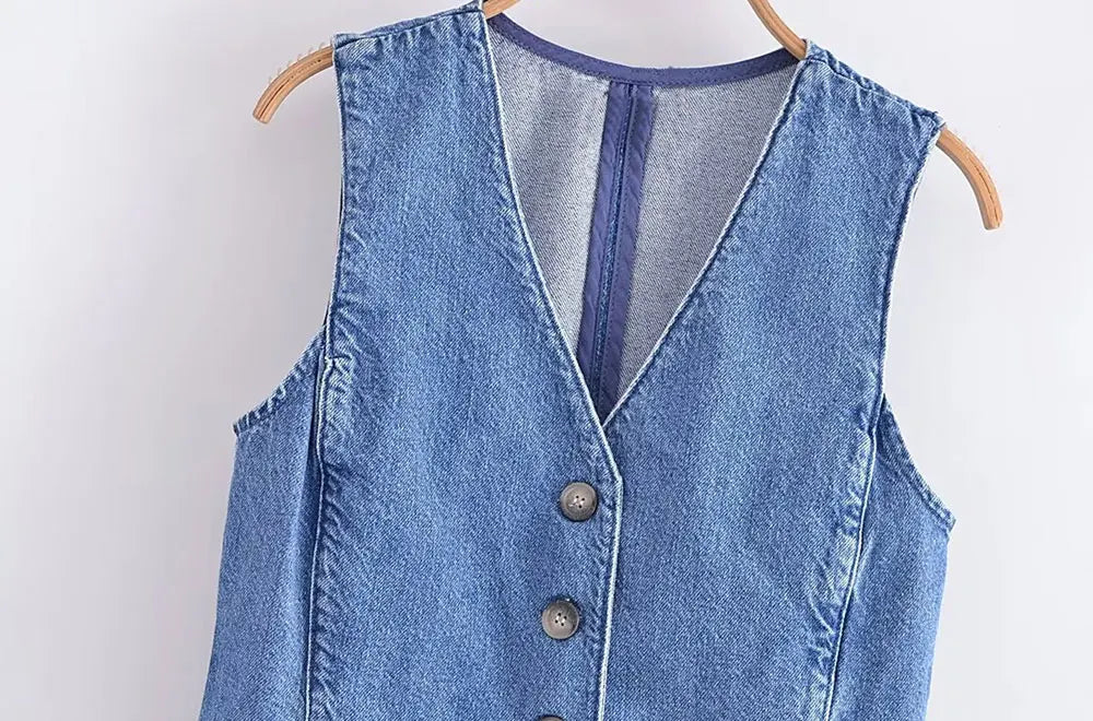 TRZA Women Fashion Front Button Denim Waistcoat Vintage V Neck Sleeveless Female Outerwear Chic Vest Tops