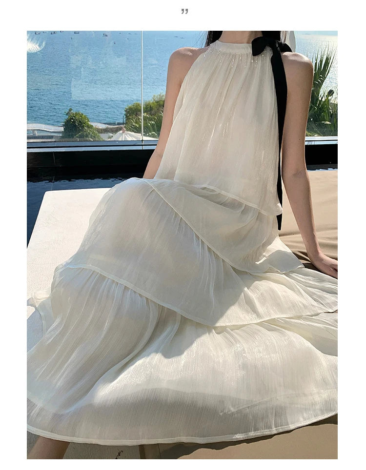 Vintage Women Beige Elegant Off Shoulder Evening Party Dress Summer Sleeveless Vacation Pleated Halter Cake Long Sundress Simple