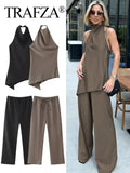 TRAFZA Women Vintage Solid Pant Sets Sexy Backless Halter Camis Top Asymmetric Tank Top + Drawstring Trousers Fashion Streetwear