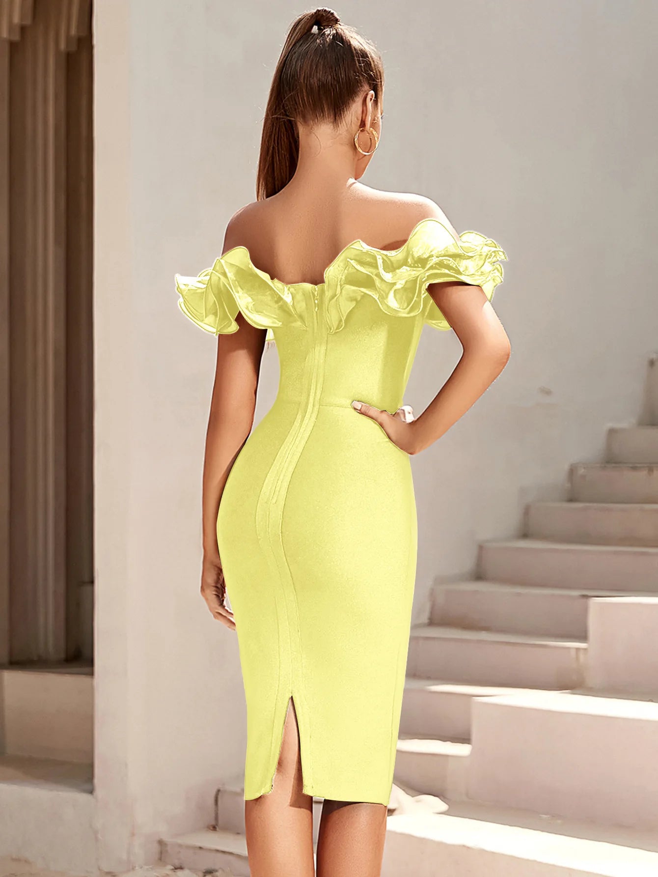 Women's Off Shoulder Bandage Midi Dress Luxury Design Ruffled Elegant Black Sleeveless Ruffled Sexy Club Party Evening Dresses