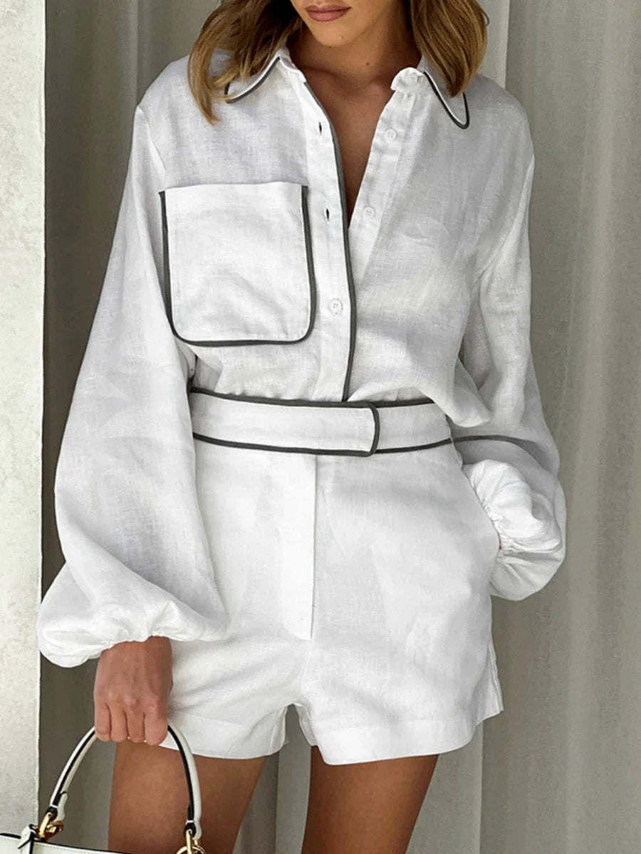Bornladies 100% Cotton Casual Fashion Long Sleeve Set Summer Women's Pocket Black White Chic Shirt Shorts Loose Two-piece Set