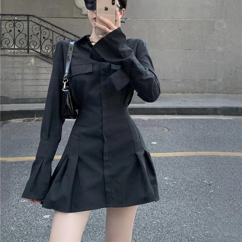 HOUZHOU Black Shirt Dress Women Elegant Vintage Long Sleeve Dresses Sexy Gothic Pleated Streetwear Turn-down Collar Casual Robe