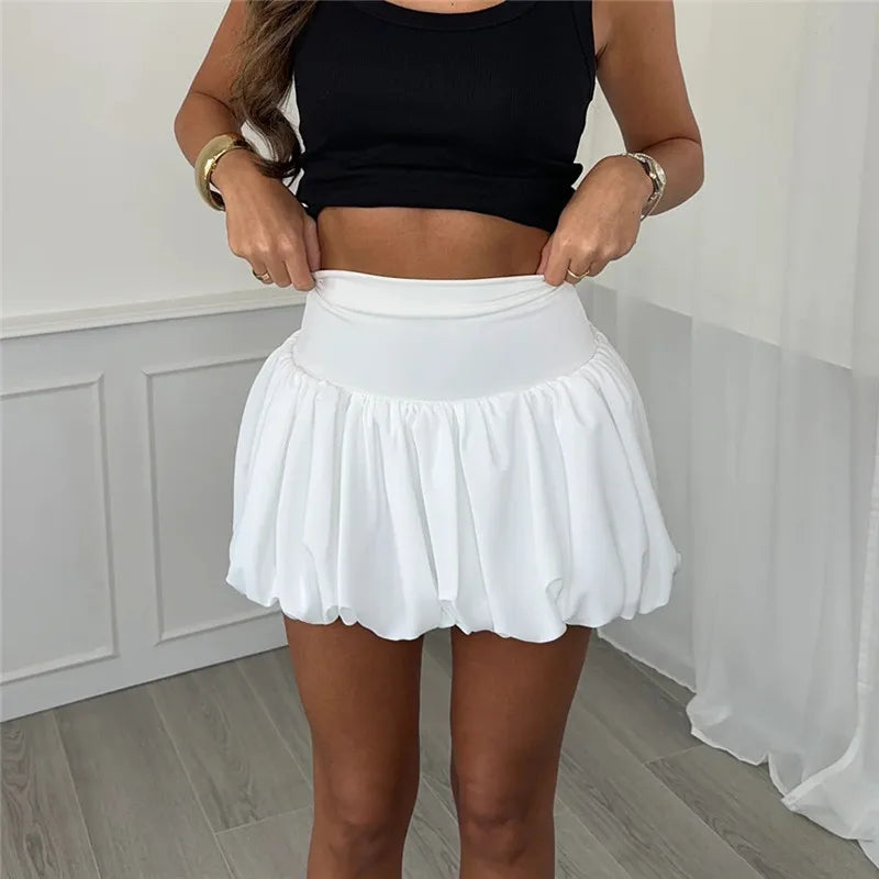 hirigin Women Pleated Bubble Mini Skirt Y2k Ruffle Hem Elastic Waist Puffy Short Skirt Tee Girls Cute Aline Balloon Skirt