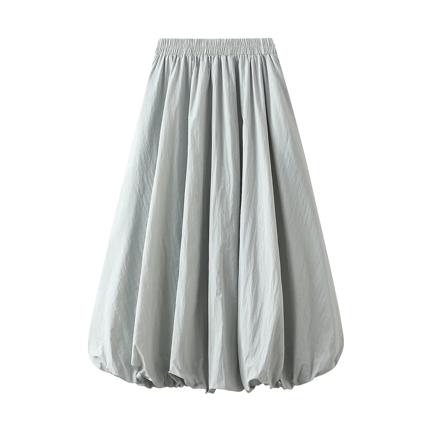 Combhasaki Women's Elegant Elastic High Waist Solid Color A-Line Pleated Puffball Hem Casual Flowy Balloon Bud Midi Skirts