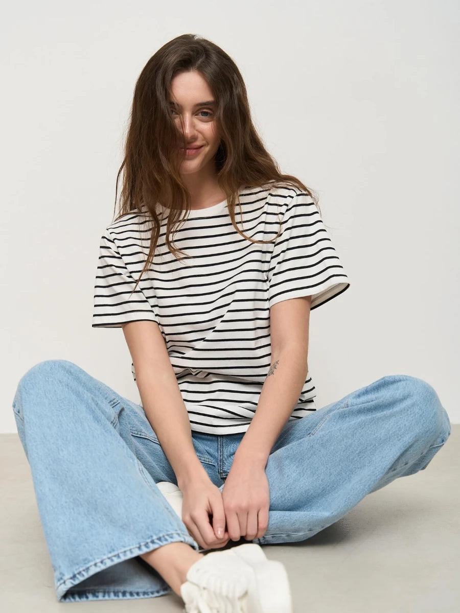 Wolfeel Summer Short Sleeve Striped T-Shirts Women Knitted Basic Casual Tops Female Cozy Loose Cotton Tees