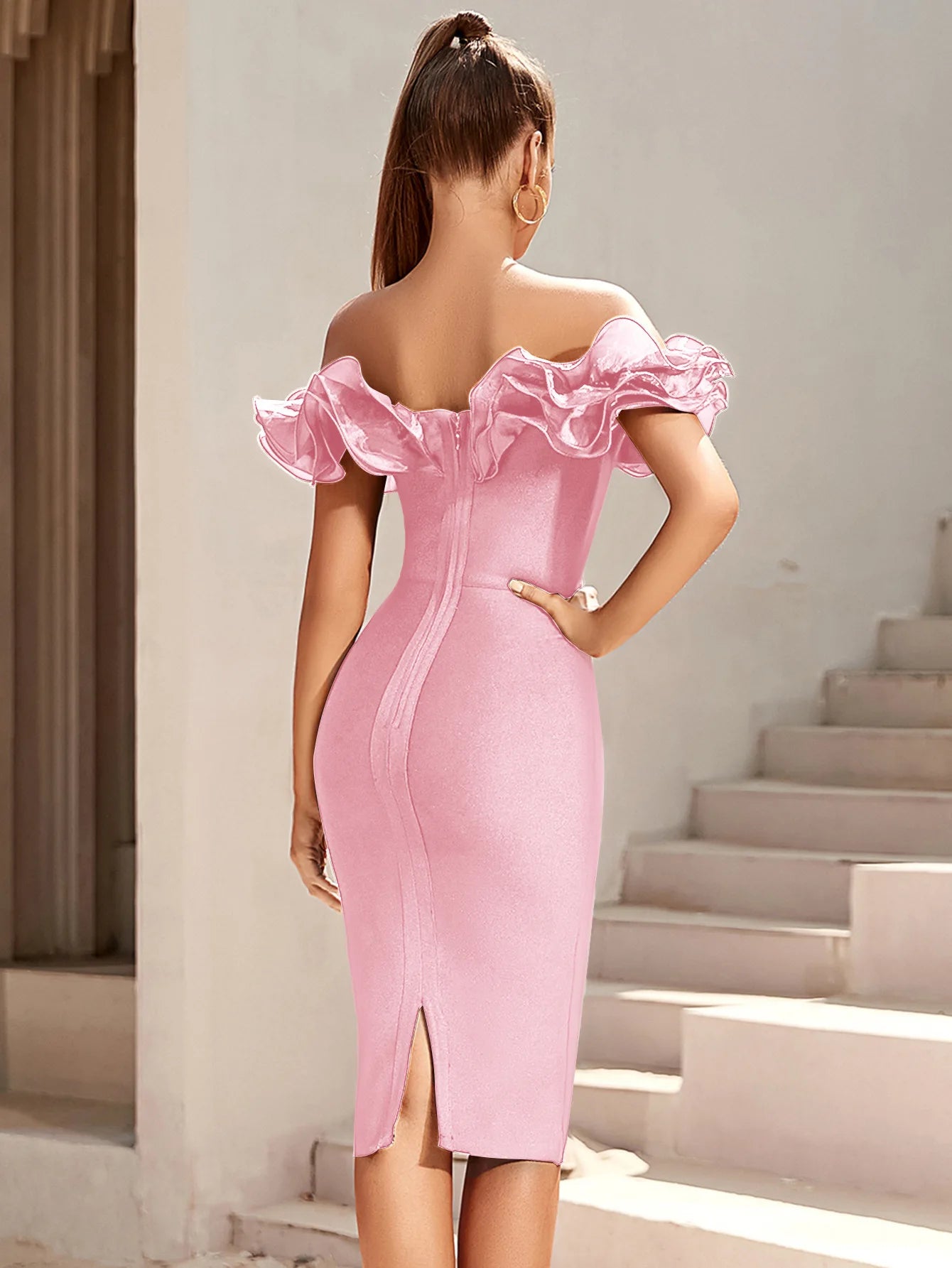 Women's Off Shoulder Bandage Midi Dress Luxury Design Ruffled Elegant Black Sleeveless Ruffled Sexy Club Party Evening Dresses