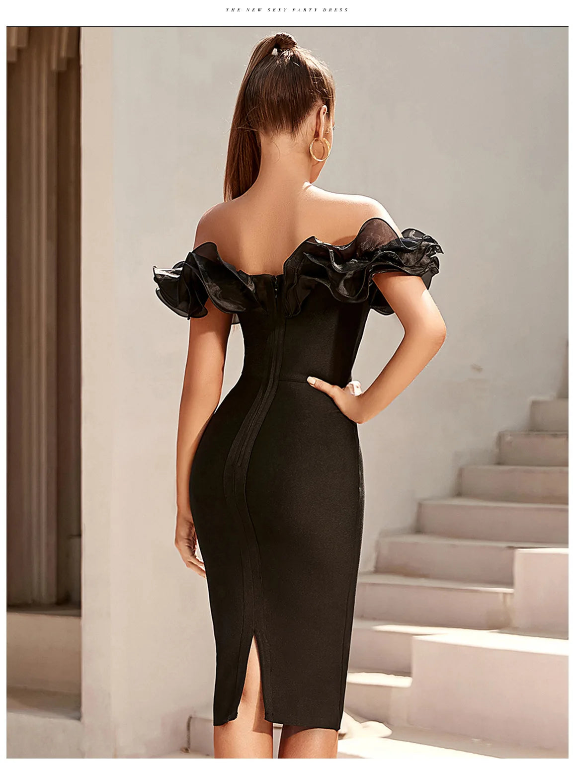 Women's Off Shoulder Bandage Midi Dress Luxury Design Ruffled Elegant Black Sleeveless Ruffled Sexy Club Party Evening Dresses
