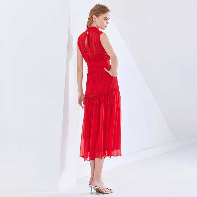 TWOTWINSTYLE Vintage Ruched Dress For Women Stand Collar Sleeveless High Waist Chiffon Midi Dresses Female 2022 Fashion New