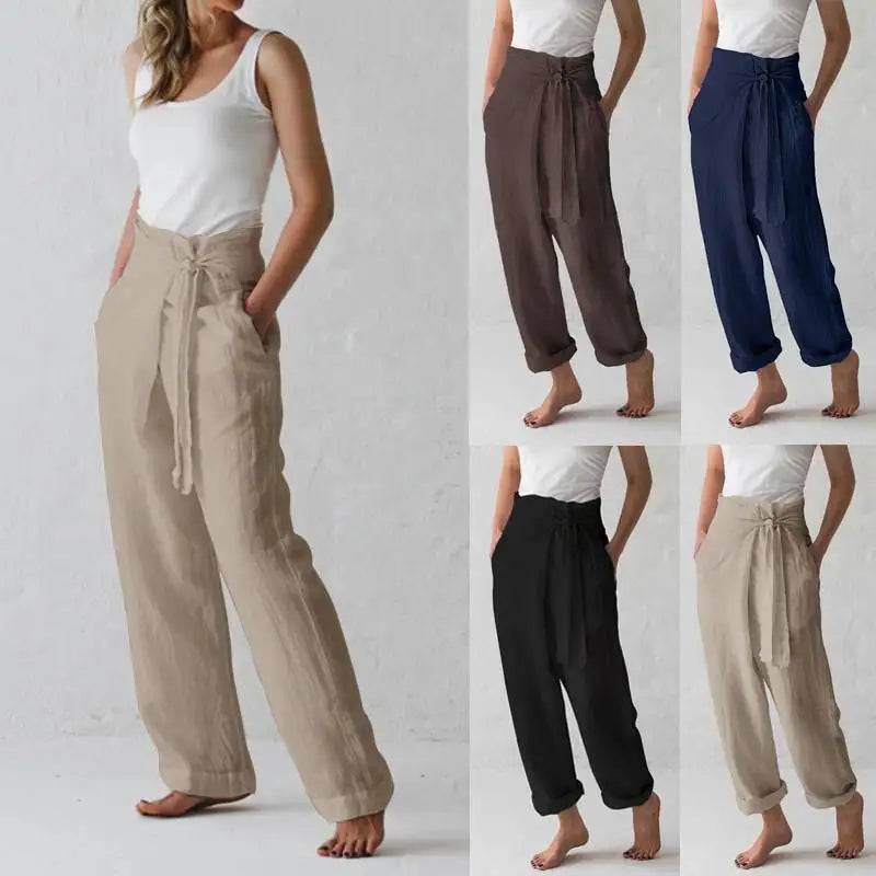 Women Solid Color Elastic Binding Foot Casual Pocket Pants Summer 2024 Elegant Lady Cotton Line High Wasit Women Pants