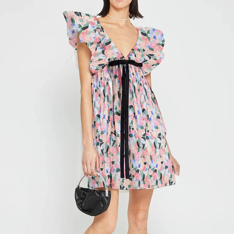 Women Vintage y2k Fairy Floral Print Mini Dress Boho V Neck Puff Sleeve Short Dress Bow Tie Flowy Dress Beach Holiday Sundress